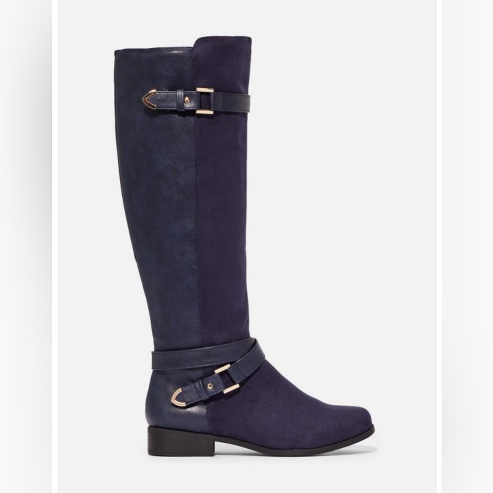 JustFab Hollie Navy Blue Knee-High Flat Boots Faux Suede Gold Buckle Women’s - Picture 2 of 10